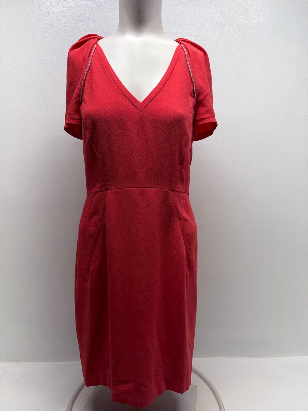 Maje Adrianna Dress Midi Sheath Puff Short Sleeve Chiffon Silk V Neck Red Small